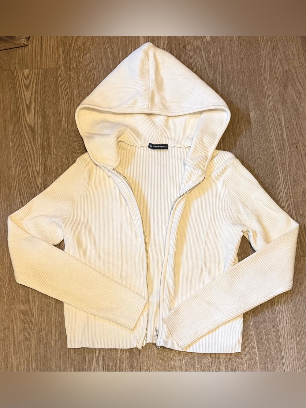 Brandy Melville Ribbed White Zip-Up Hooded Cardigan, Size Small